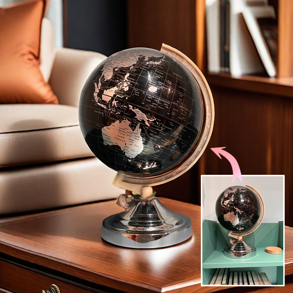 This image features a sleek black globe on an elegant wooden table, with a cozy background. It demonstrates how a basic photo, shown in the inset, has been carefully transformed into a polished and appealing product image.