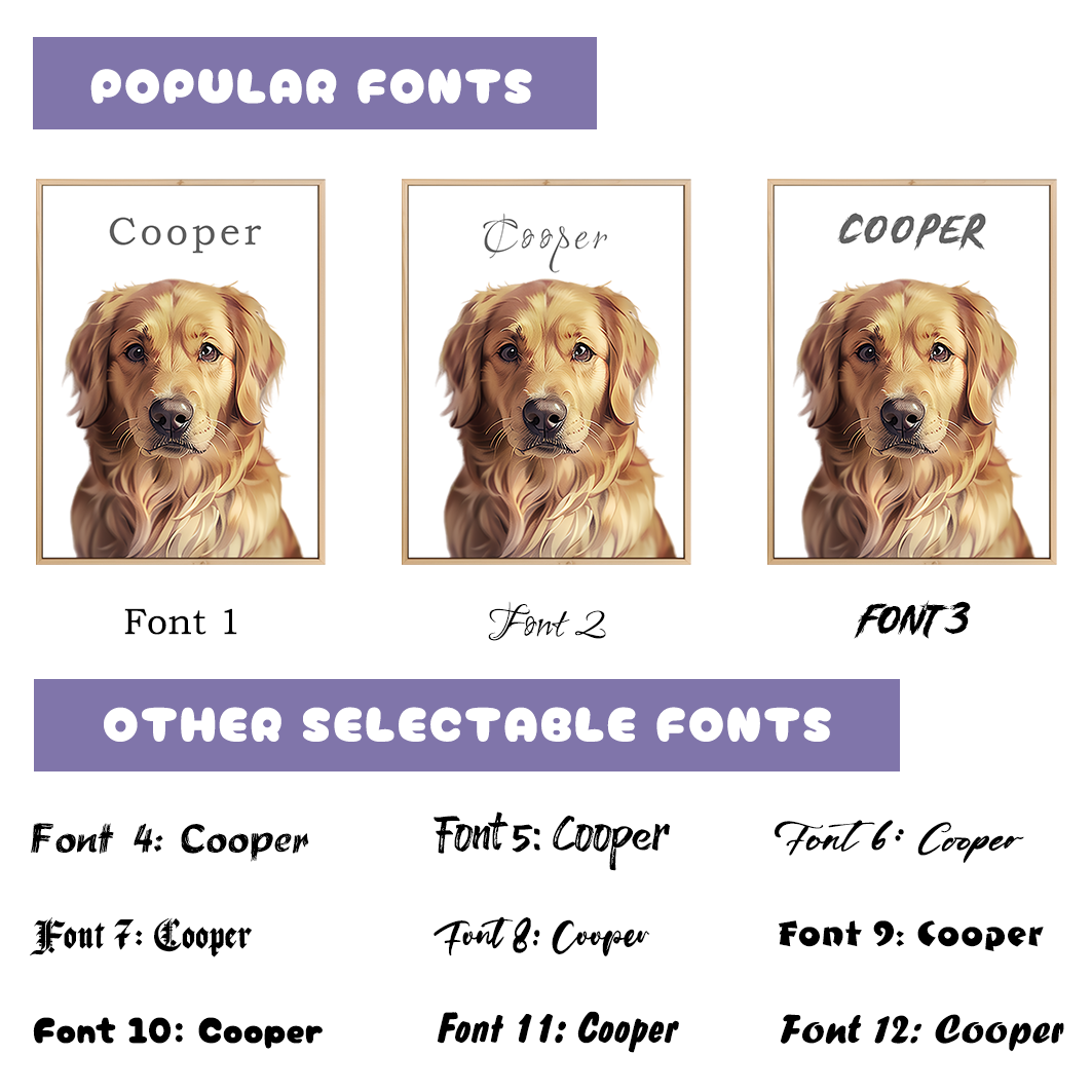 12 different fonts for pet portraits to write the pet's name