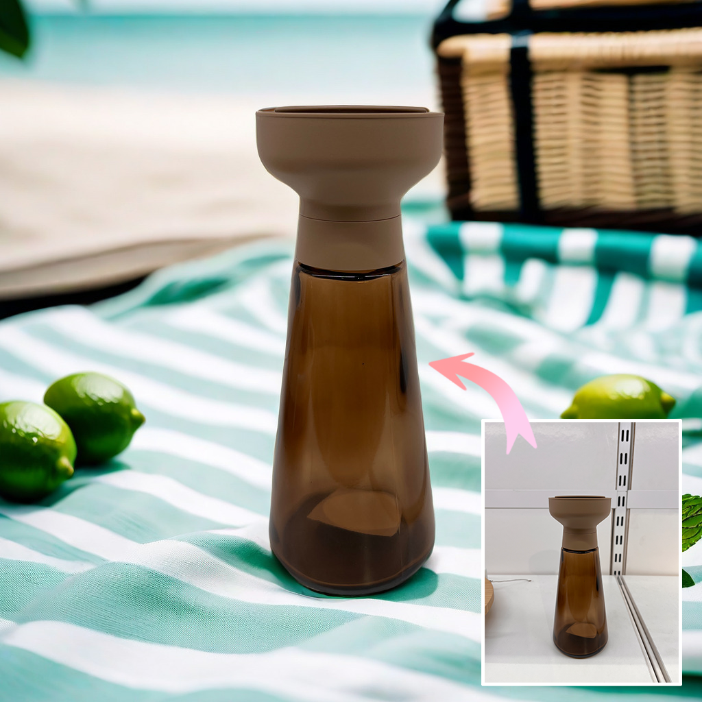 This image showcases a simple brown bottle, originally captured in a plain setting, now transformed into an inviting product image against a beach-themed backdrop. The inset photo highlights the initial basic capture, with an arrow pointing to the enhanced version, demonstrating the process of converting an ordinary photo into a polished and visually appealing product image.