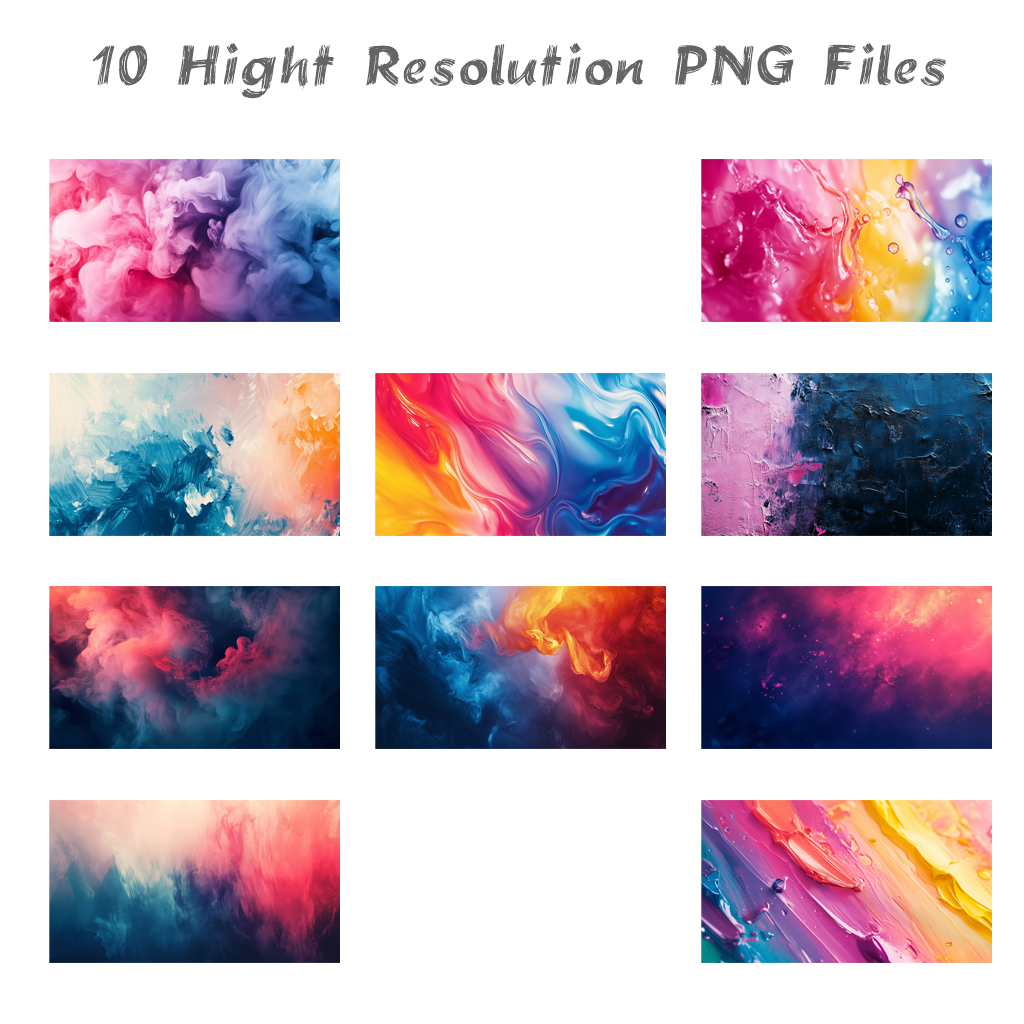 ten high-resolution PNG files, each showcasing the mesmerizing interplay of colors in abstract forms. From the soft blend of pastels to the vibrant clash of bold hues, this collection captures the dynamic energy and harmony found in the fusion of colors. Perfect for adding a burst of visual excitement and artistic flair to any project, these images celebrate the beauty of color interaction and its power to evoke emotion.