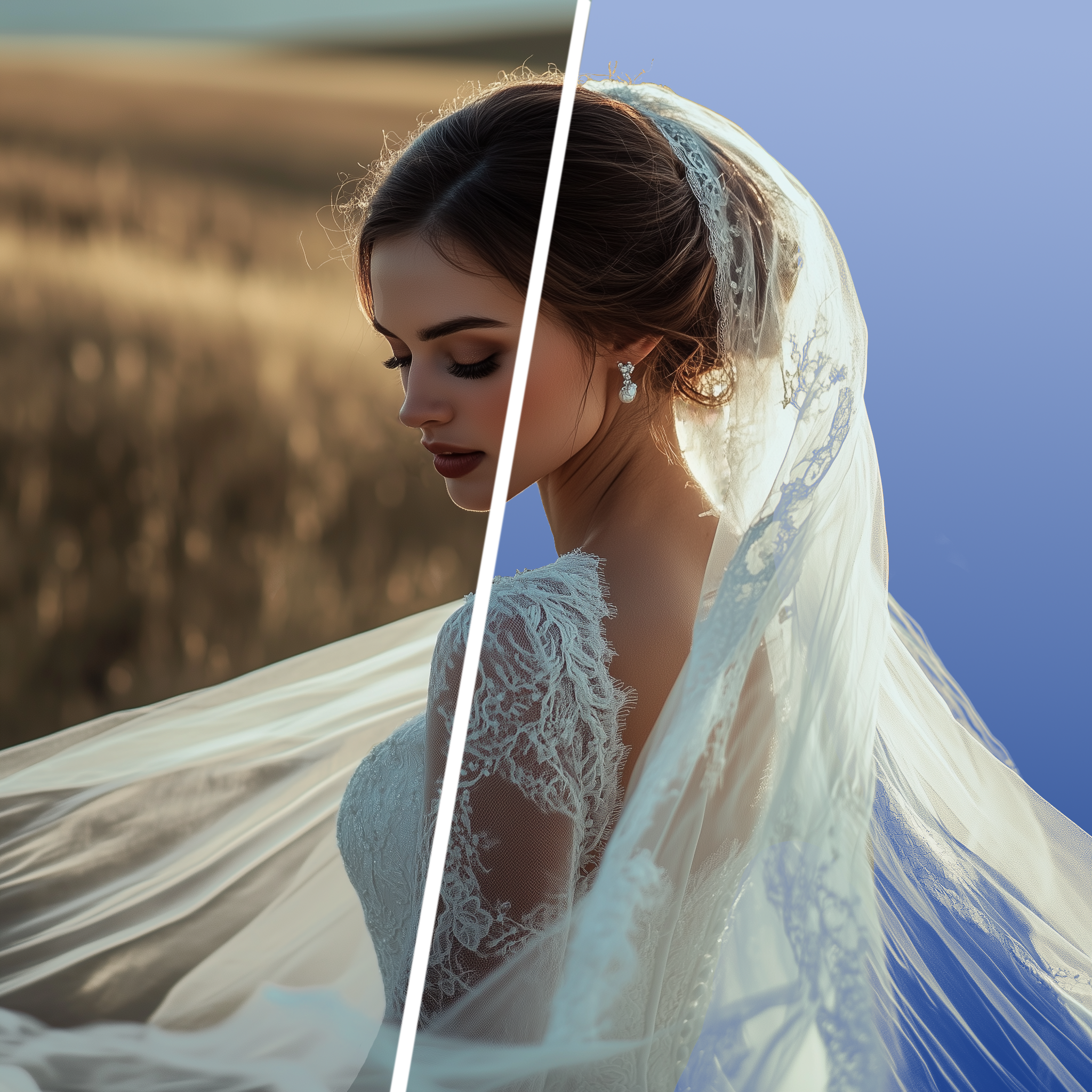 Display of hair-level background removal results, where we preserved every detail of the bride in the image, including individual strands of hair and the transparent texture of the wedding dress.