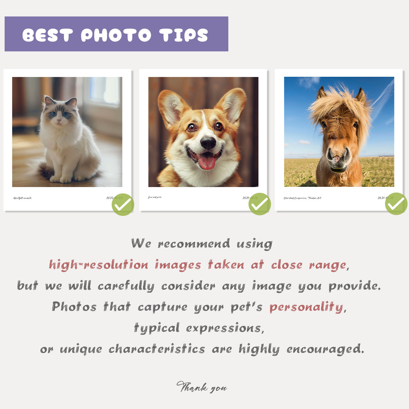 we recommend using high resolution images taken at close range; but we will carefully consider any image you provide. Photos that capture your pet's personality; typical expressions; or unique characteristics are highly encouraged.