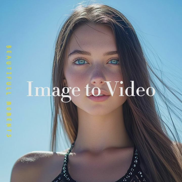 Image to Video: Use AI to transform a girl's photo into a video where she smiles brightly and playfully flips her hair.